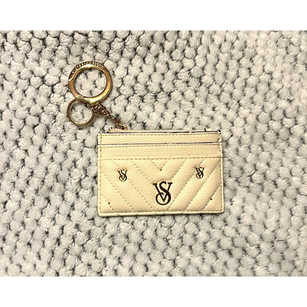 Victoria Secret Studded Card Case Keychain Coin Wallet Cream Great Condition